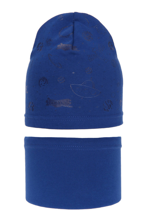Осенне-весенний комплект для мальчика: шапка и х/б труба голубого цвета Космос