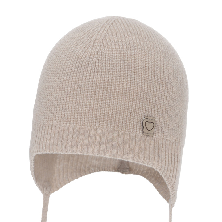 Осенняя/весенняя шапка для девочки, бежевая, шерсть мериноса с кашемиром, на завязках, Orida