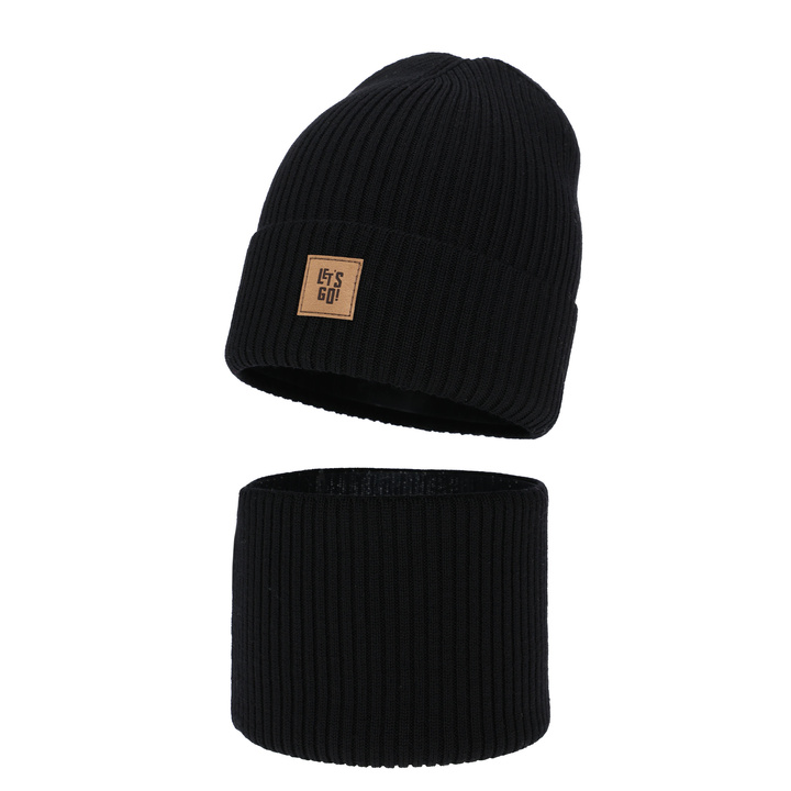 Шапка и труба для мальчика, комплект осень/весна черный 100% шерсть экстратонкого мериноса Vanto