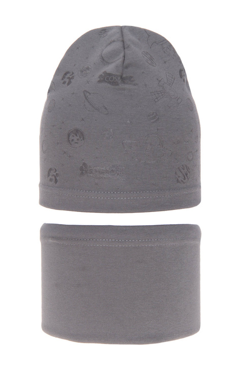 Осенне-весенний комплект для мальчика: шапка и х/б труба серый Космос