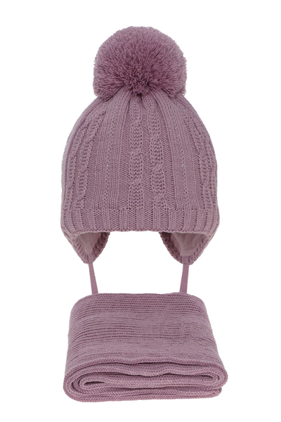 Зимний комплект для девочки: шапка и шарф фиолетового цвета с помпоном Candy