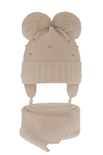 Зимний комплект для девочки: шапка с двумя помпонами и шарф бежевого цвета Fibien