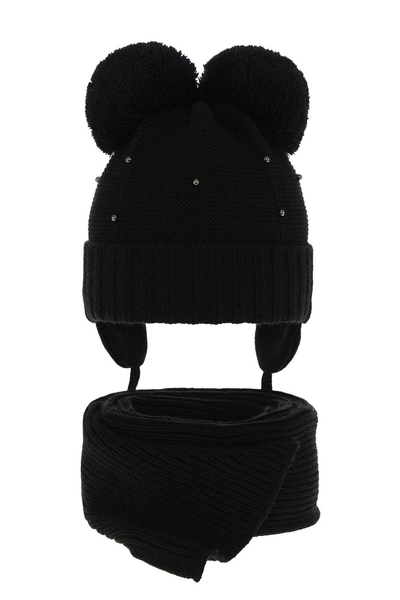 Зимний комплект для девочки: шапка с двумя помпонами и шарф черный Fibien
