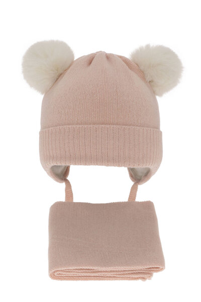 Зимний комплект для девочки: шапка с двумя помпонами и шарф из розовой шерсти Umbra