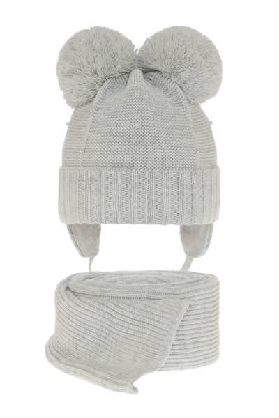 Зимний комплект для девочки: шапка с двумя помпонами и шарф серый Fibien