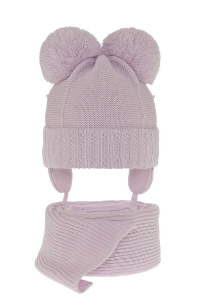 Зимний комплект для девочки: шапка с двумя помпонами и шарф сиреневый Fibien