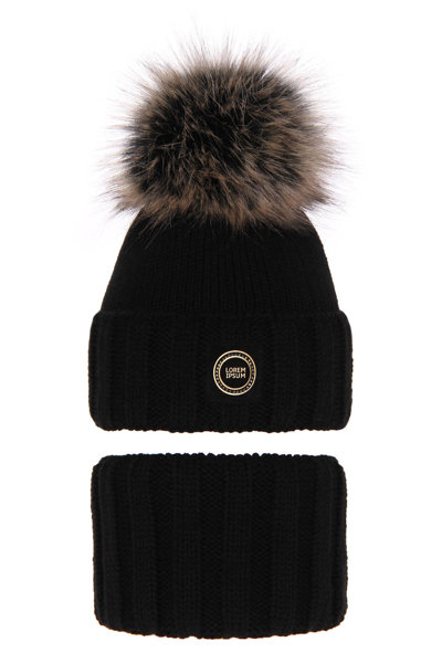 Зимний комплект для девочки: шапка с помпоном и трубой черный хенди