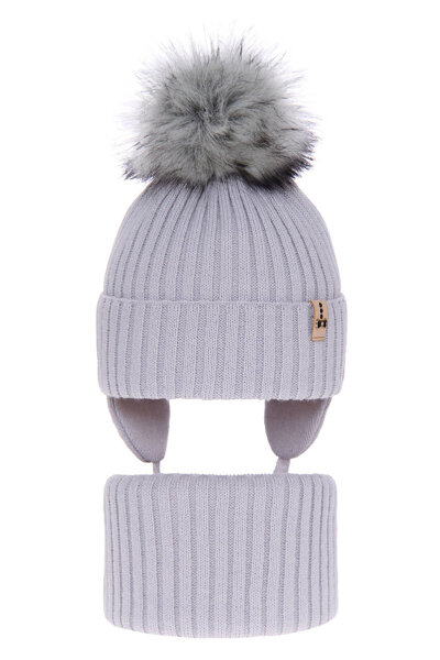 Зимний комплект для девочки: шапочка с помпоном и дымоход серого цвета Прерия