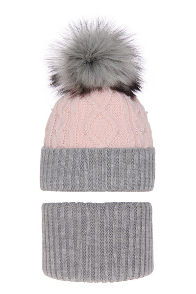 Зимний комплект для девочки: шапочка с помпоном и дымоход серый Medison