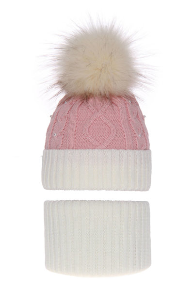 Зимний комплект для девочки: шапочка с помпоном и кремовый дымоход Medison
