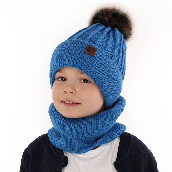 Зимний комплект для мальчика: шапка и кашне синего цвета с помпоном Havier